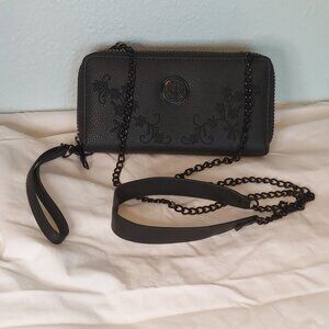 Black Faux Leather Zip-Around Wallet w/ Detachable Chain Purse Strap & Wristlet
